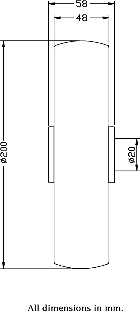 Wheel series 200mm nylon 20mm bore hub length 58mm roller bearing 400kg - Wheel dimensions