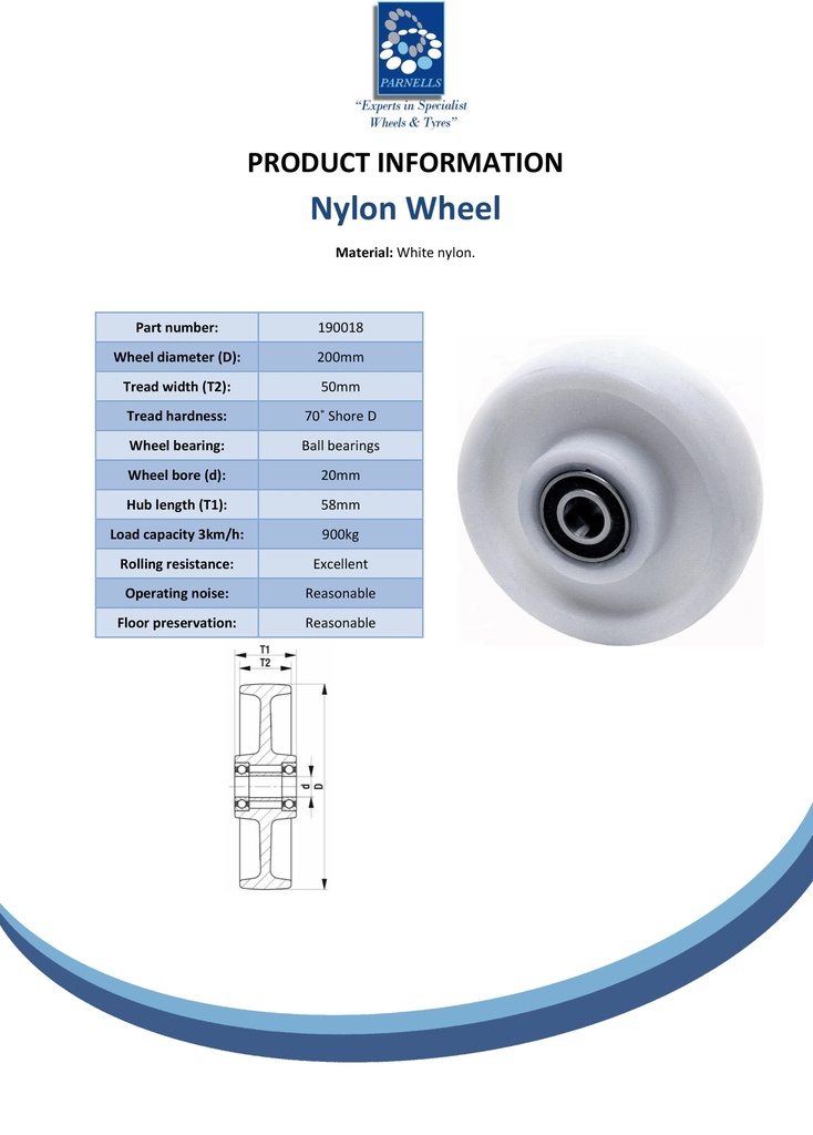 Wheel series 200mm nylon 20mm bore hub length 58mm ball bearing 900kg - Spec sheet