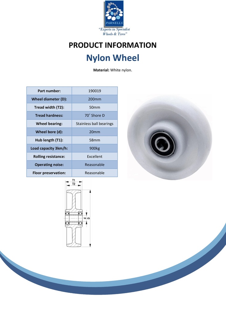 Wheel series 200mm nylon 20mm bore hub length 58mm stainless steel ball bearing 900kg - Spec sheet