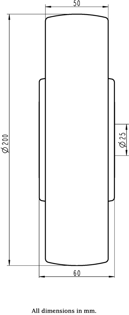 Wheel series 200mm nylon 25mm bore hub length 60mm ball bearing 1500kg - Wheel dimensions