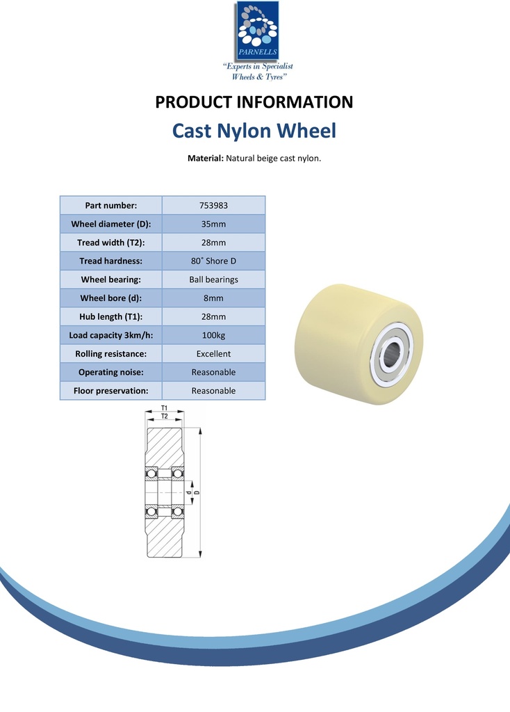 Wheel series 35mm cast nylon 8mm bore hub length 28mm ball bearing 100kg - Spec sheet