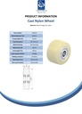 Wheel series 100mm cast nylon 25mm bore hub length 60mm ball bearing 1500kg - Spec sheet