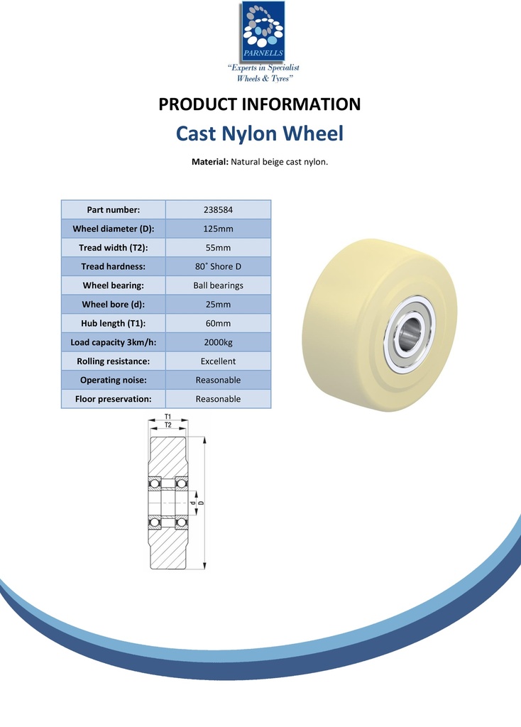 Wheel series 125mm cast nylon 25mm bore hub length 60mm ball bearing 2000kg - Spec sheet