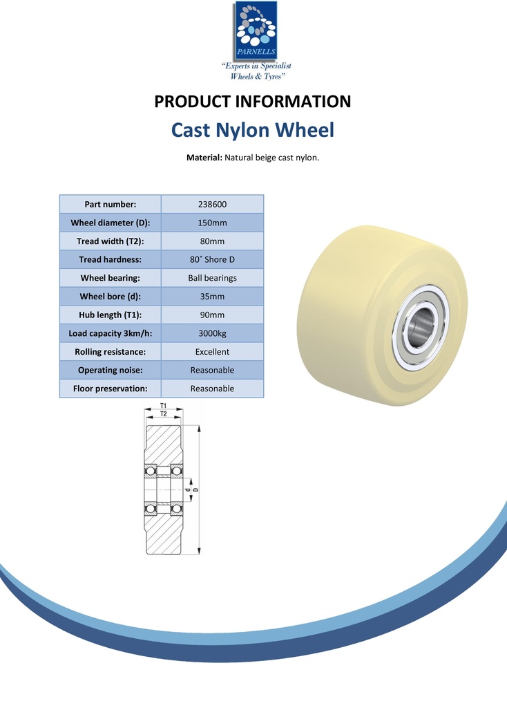 Wheel series 150mm cast nylon 35mm bore hub length 90mm ball bearing 3000kg - Spec sheet