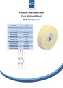 Wheel series 250mm cast nylon 45mm bore hub length 70mm ball bearing 5000kg - Spec sheet