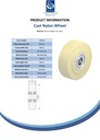 Wheel series 250mm cast nylon 50mm bore hub length 90mm ball bearing 6000kg - Spec sheet