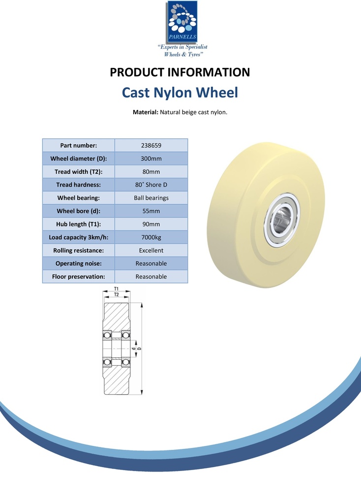 Wheel series 300mm cast nylon 55mm bore hub length 90mm ball bearing 7000kg - Spec sheet