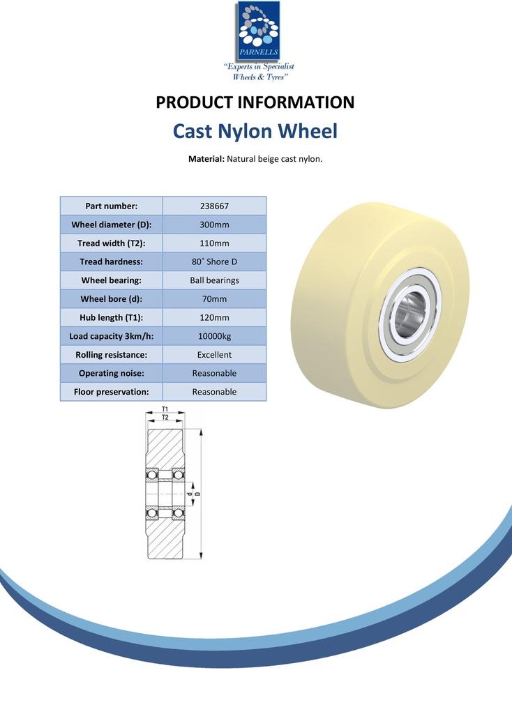 Wheel series 300mm cast nylon 70mm bore hub length 120mm ball bearing 10000kg - Spec sheet