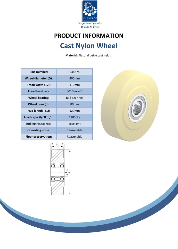 Wheel series 400mm cast nylon 80mm bore hub length 120mm ball bearing 12000kg - Spec sheet