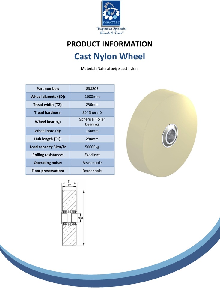 Wheel series 1000mm cast nylon 160mm bore hub length 280mm spherical roller bearing 50000kg - Spec sheet