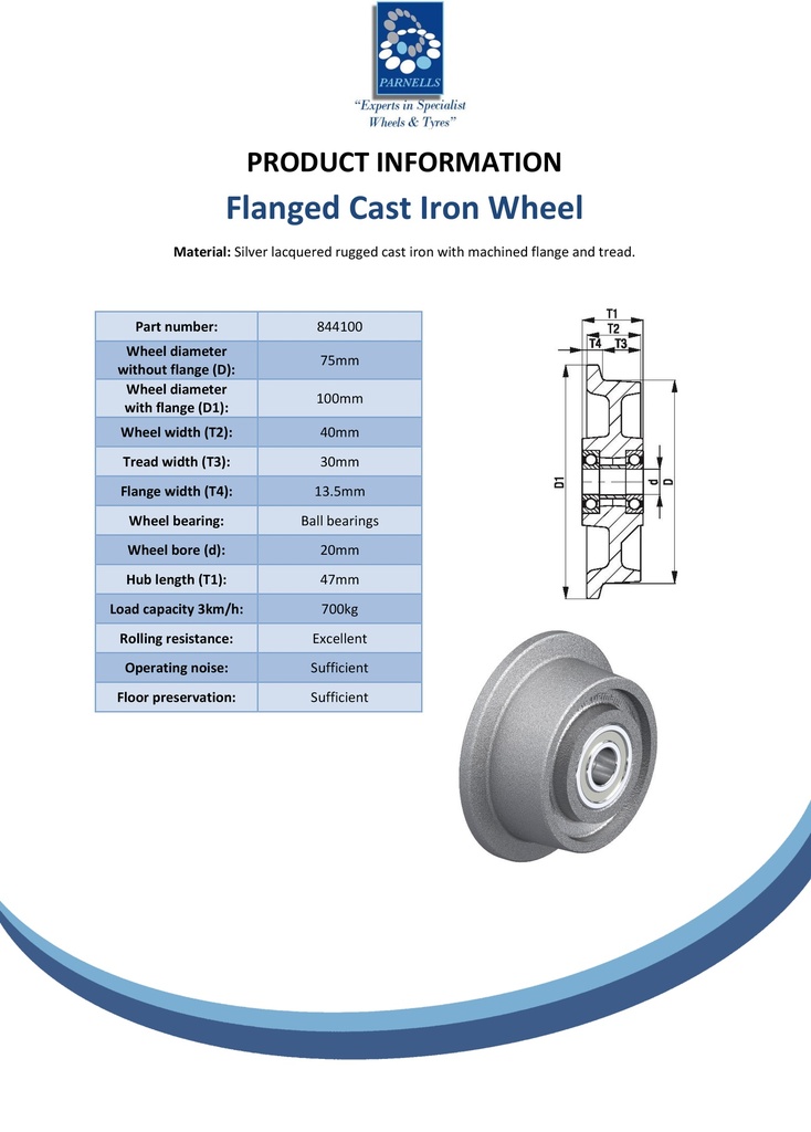 Wheel series 75mm flanged cast iron 20mm bore hub length 47mm ball bearing 700kg - Spec sheet