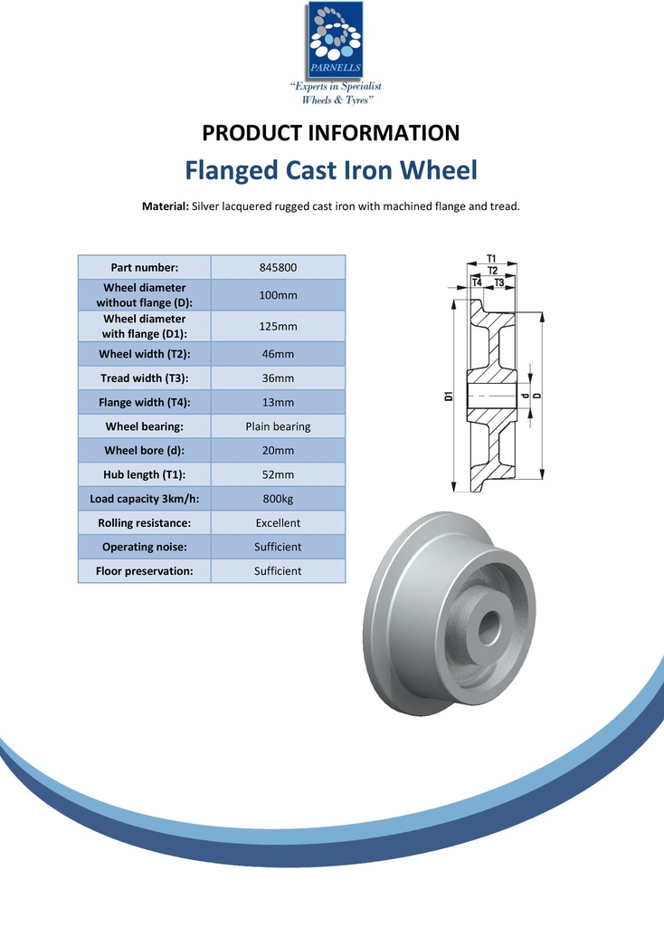 Wheel series 100mm flanged cast iron 20mm bore hub length 52mm plain bearing 800kg - Spec sheet