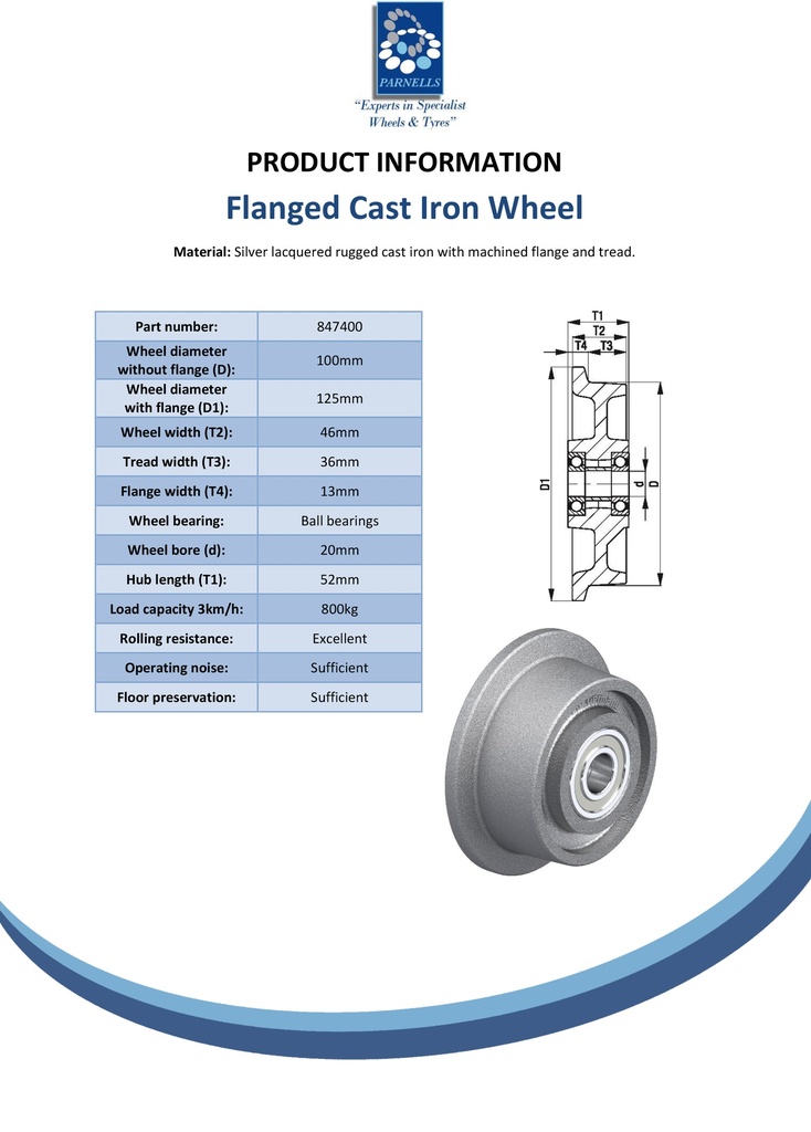 Wheel series 100mm flanged cast iron 20mm bore hub length 52mm ball bearing 800kg - Spec sheet