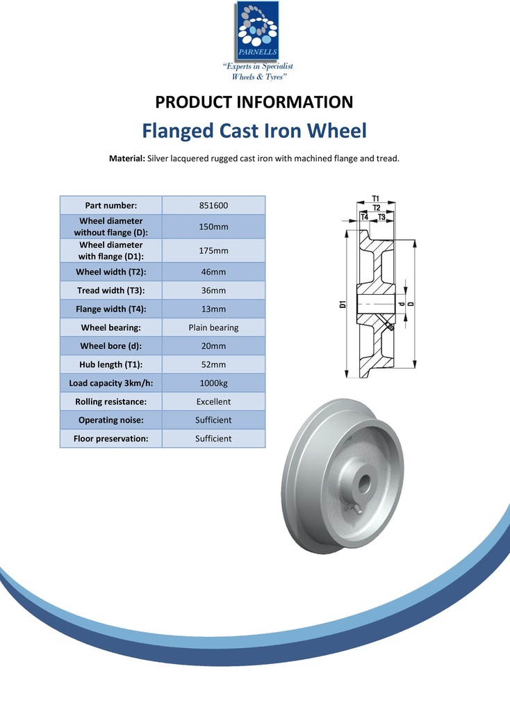 Wheel series 150mm flanged cast iron 20mm bore hub length 52mm plain bearing 1000kg - Spec sheet