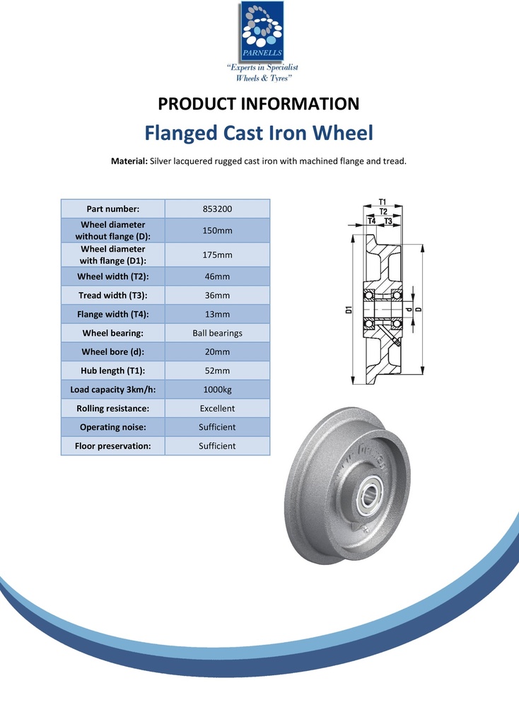 Wheel series 150mm flanged cast iron 20mm bore hub length 52mm ball bearing 1000kg - Spec sheet