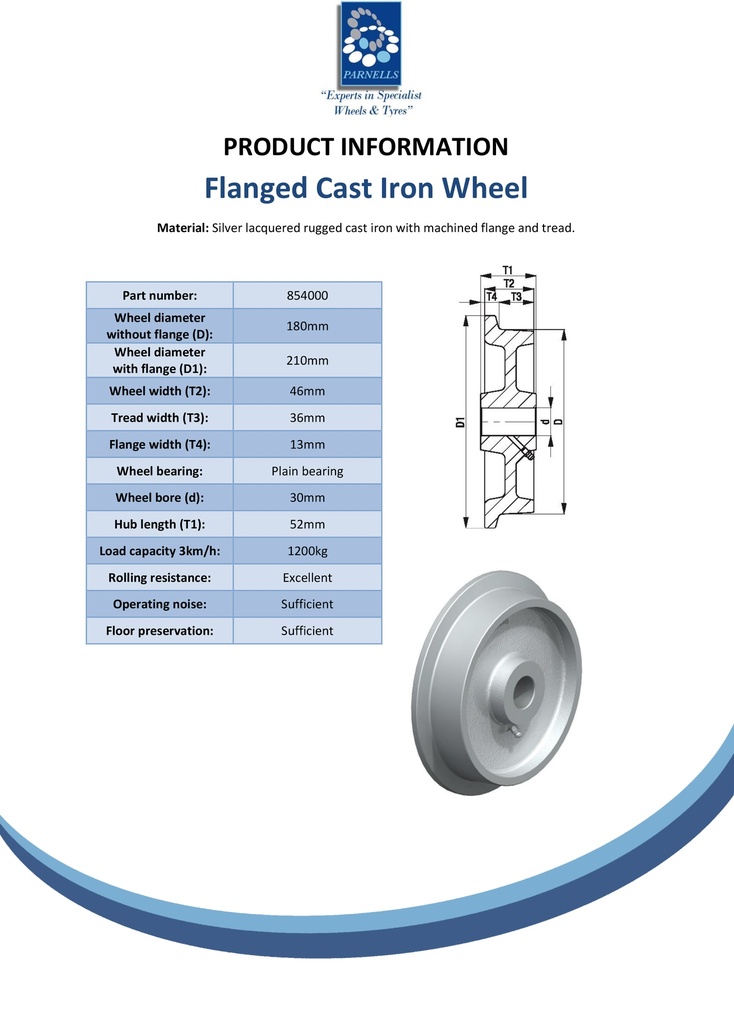 Wheel series 180mm flanged cast iron 30mm bore hub length 52mm plain bearing 1200kg - Spec sheet