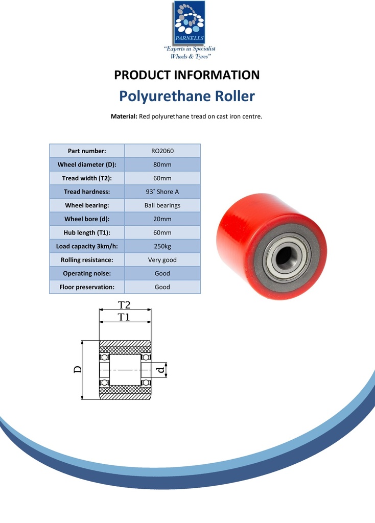 Wheel series 80x60mm roller polyurethane on cast iron centre 20mm bore hub length 60mm ball bearing 250kg - Spec sheet