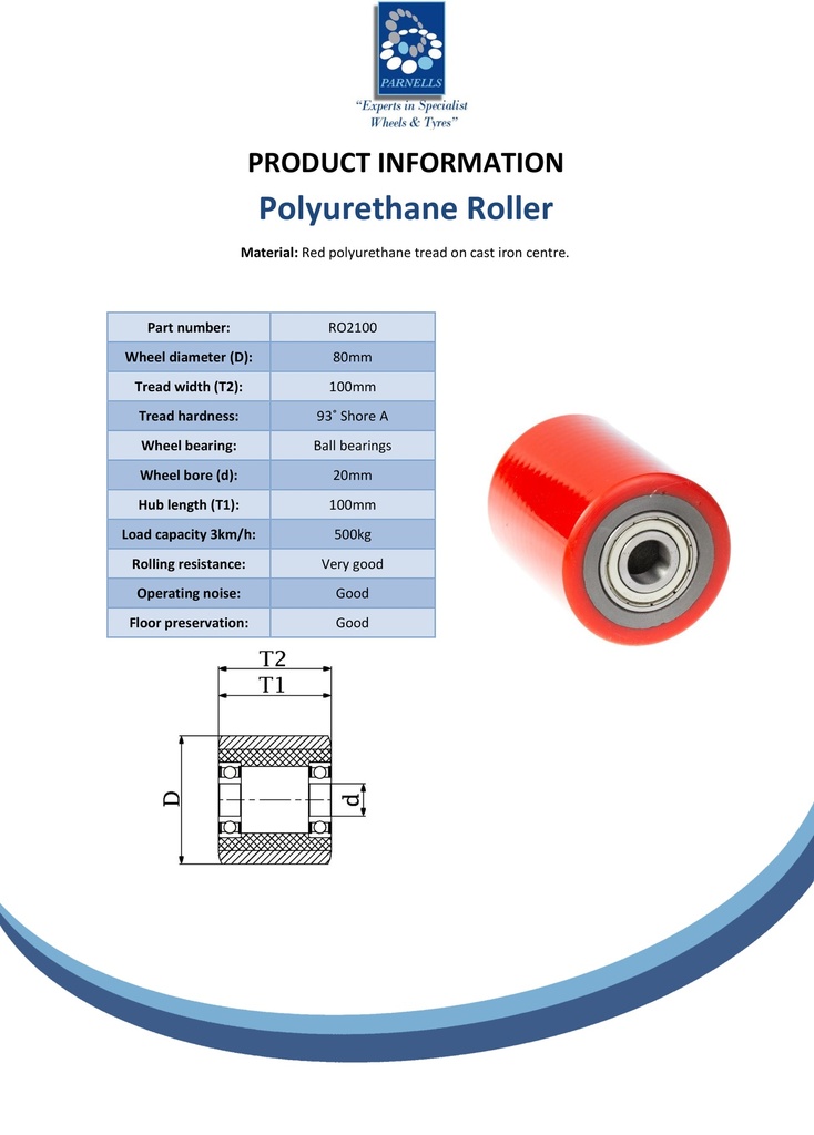 Wheel series 80x100mm roller polyurethane on cast iron centre 20mm bore hub length 100mm ball bearing 500kg - Spec sheet