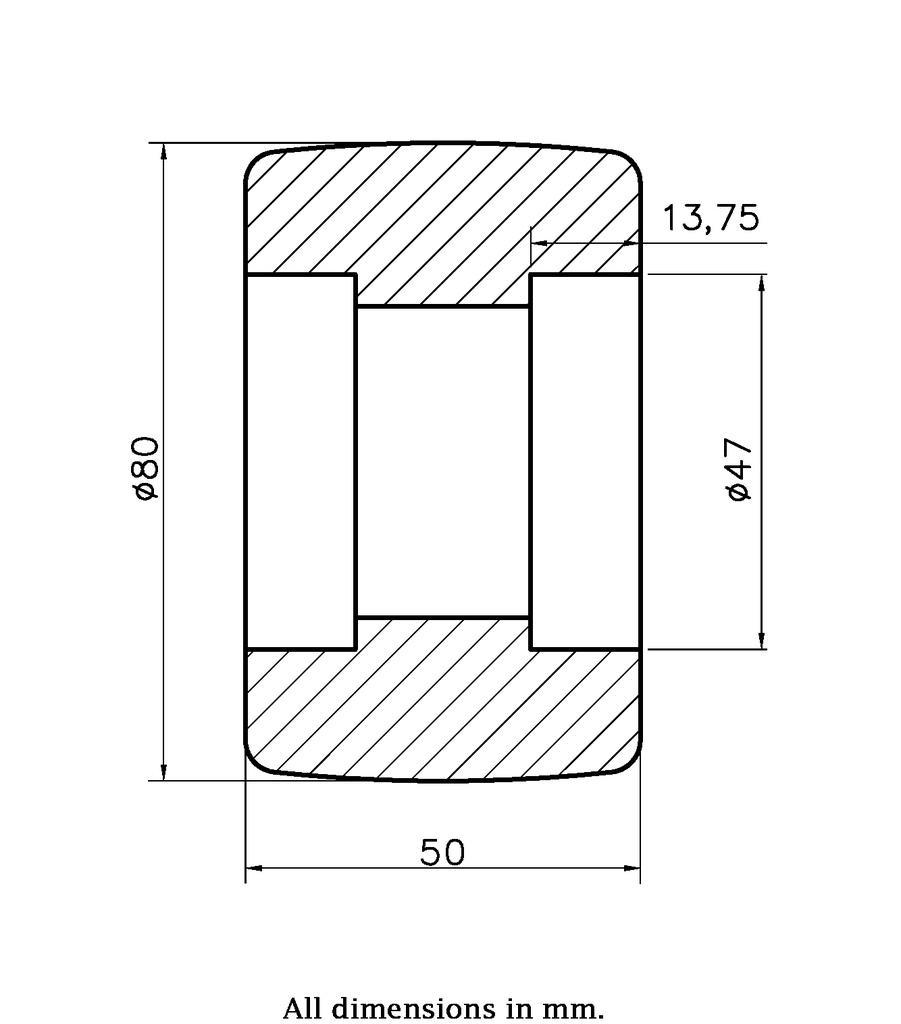 Wheel series 80x50mm roller nylon bearing seat 47x14mm hub length 50mm 600kg - Wheel dimensions