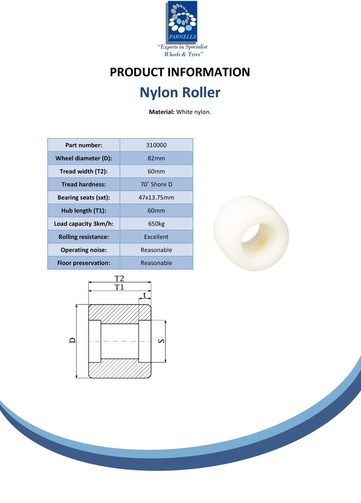 Wheel series 82x60mm roller nylon bearing seat 47x14mm hub length 60mm 650kg - Spec sheet