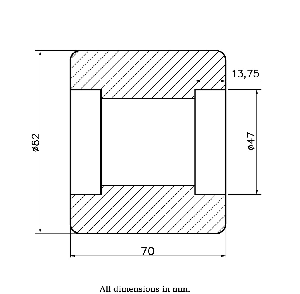 Wheel series 82x70mm roller nylon bearing seat 47x14mm hub length 70mm 700kg - Wheel dimensions