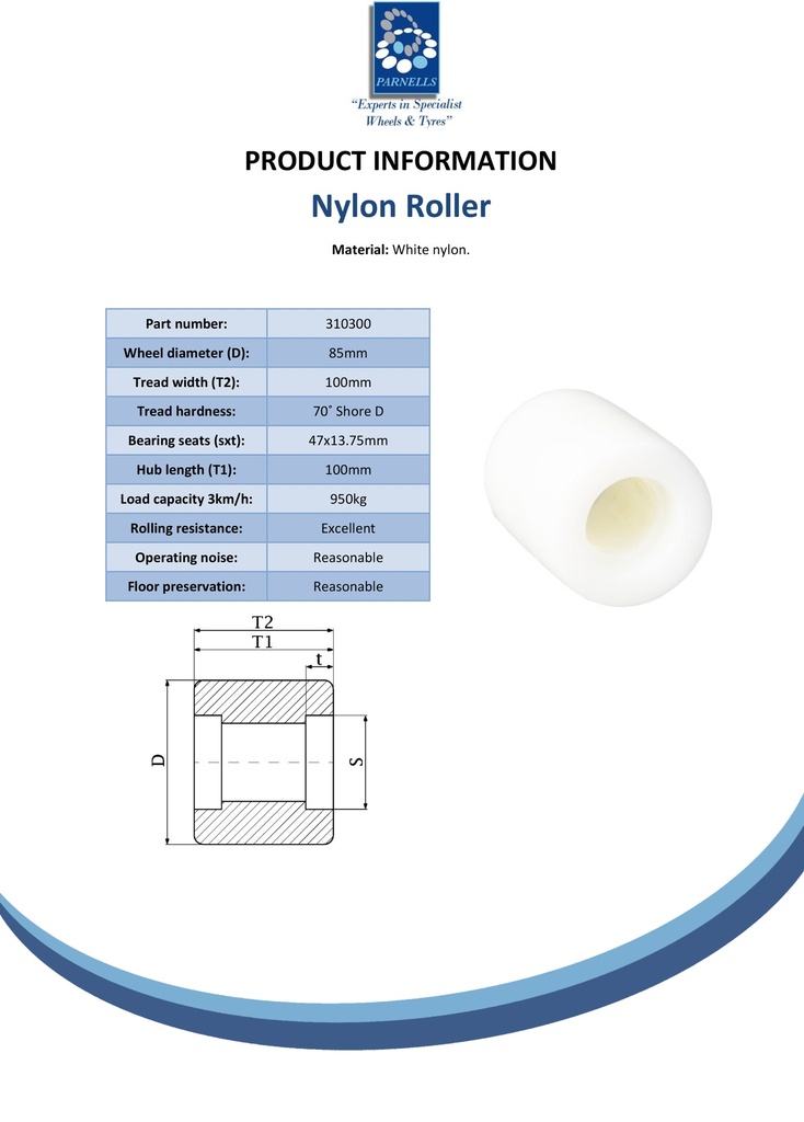 Wheel series 85x100mm plain nylon bearing seat 47x14mm hub length 100mm 950kg - Spec sheet