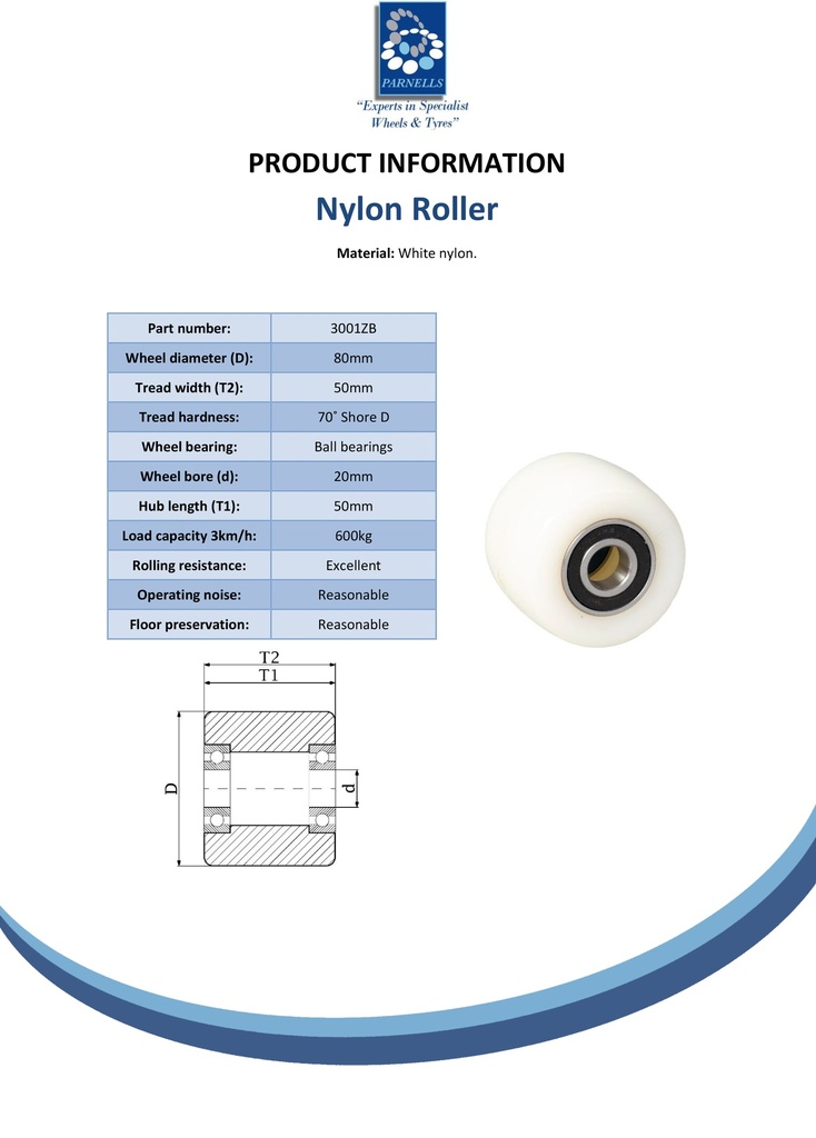 Wheel series 80x50mm roller nylon 20mm bore hub length 50mm ball bearing 600kg - Spec sheet