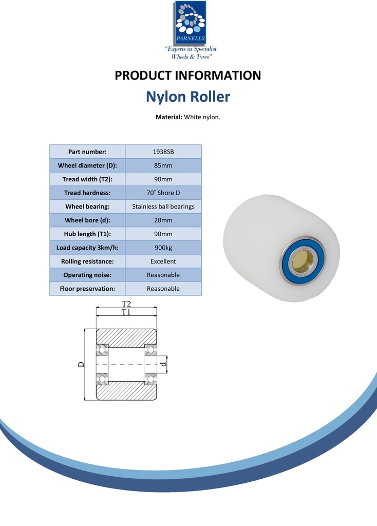 Wheel series 85x90mm roller nylon 20mm bore hub length 90mm stainless steel ball bearing 900kg - Spec sheet