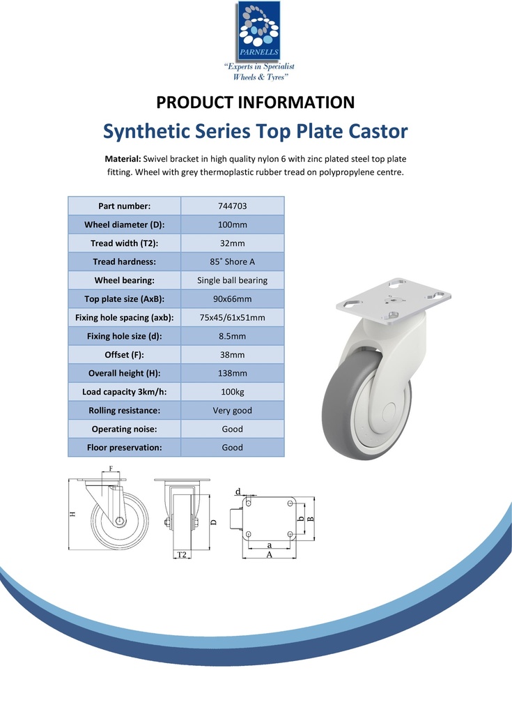 Plastic castor series 100mm swivel top plate 90x66mm castor with grey TPR-rubber on polypropylene centre single ball bearing wheel 100kg - Spec sheet