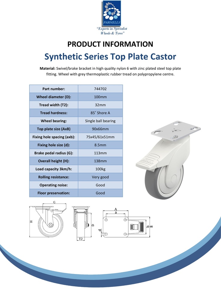 Plastic castor series 100mm swivel/brake top plate 90x66mm castor with grey TPR-rubber on polypropylene centre single ball bearing wheel 100kg - Spec sheet