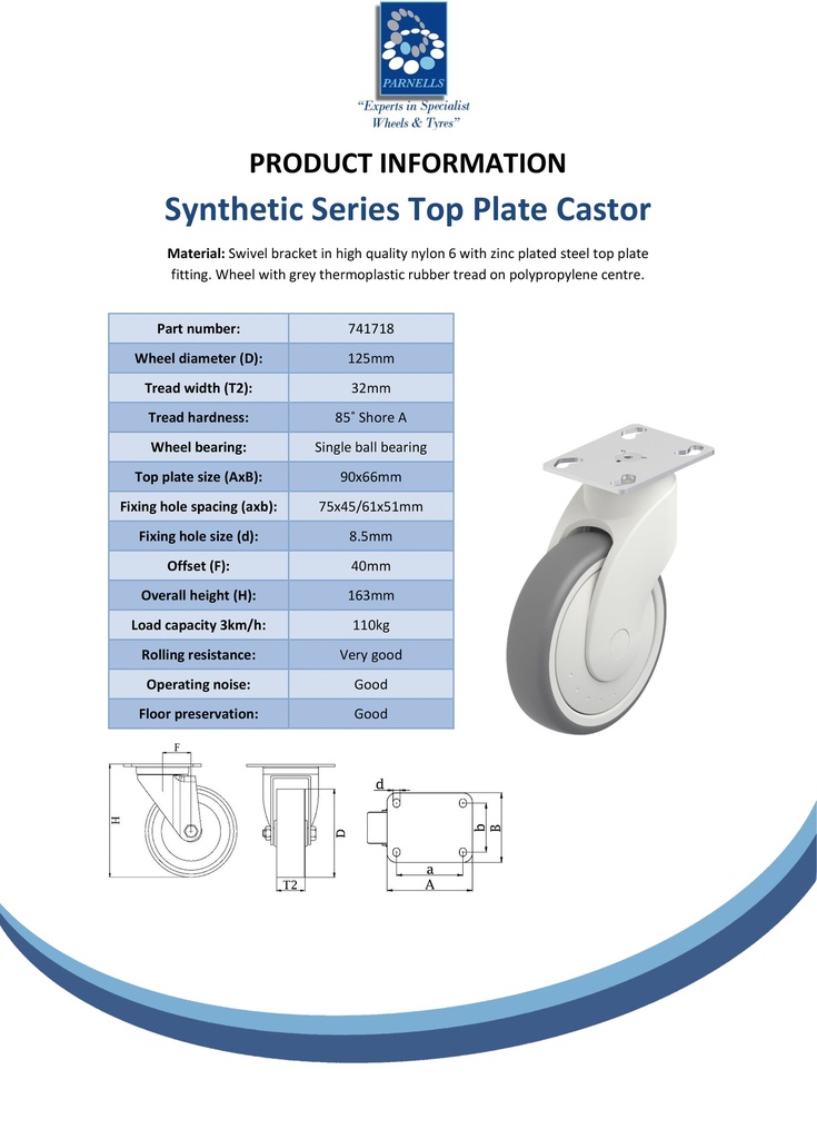 Plastic castor series 125mm swivel top plate 90x66mm castor with grey TPR-rubber on polypropylene centre single ball bearing wheel 110kg - Spec sheet