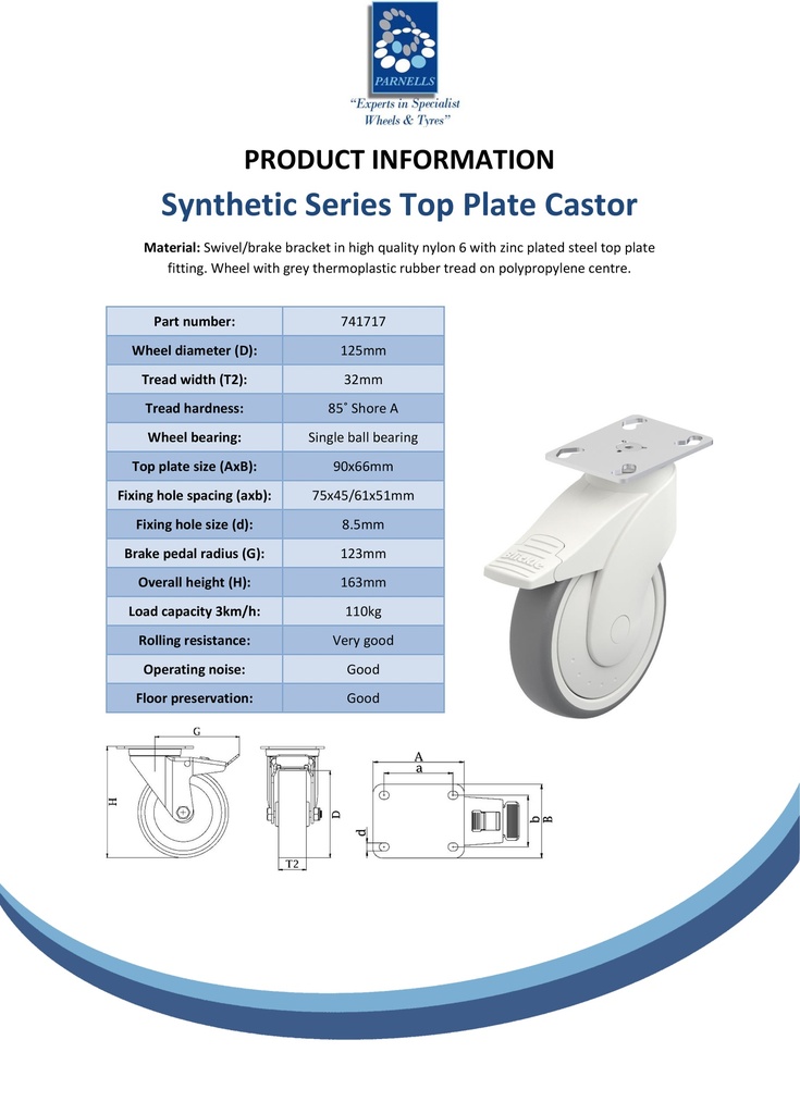 Plastic castor series 125mm swivel/brake top plate 90x66mm castor with grey TPR-rubber on polypropylene centre single ball bearing wheel 110kg - Spec sheet