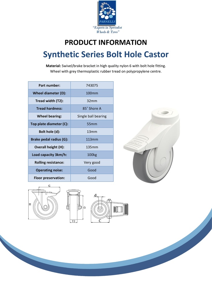 Plastic castor series 100mm swvel/brake bolt hole 13mm castor with grey TPR-rubber on polypropylene centre single ball bearing wheel 100kg - Spec sheet