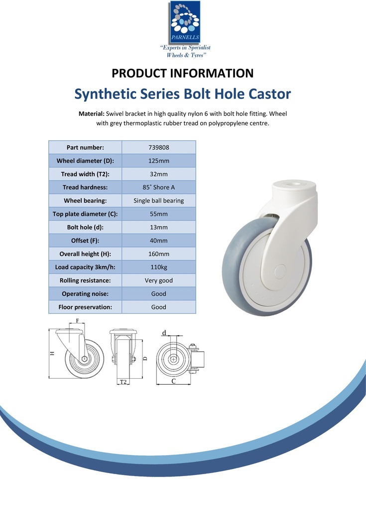 Plastic castor series 125mm swivel bolt hole 13mm castor with grey TPR-rubber on polypropylene centre single ball bearing wheel 110kg - Spec sheet