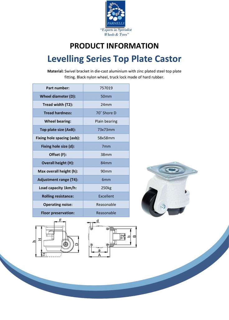 Levelling series HRP-POA 50G 50mm swivel top plate 73x73mm castor with nylon plain bearing wheel 250kg - Spec sheet