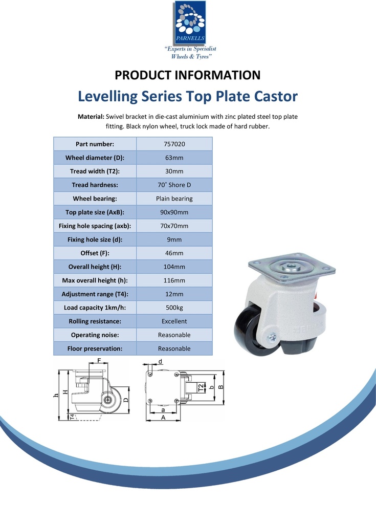 Levelling series HRP-POA 63G 63mm swivel top plate 90x90mm castor with nylon plain bearing wheel 500kg - Spec sheet