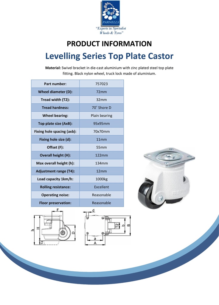 Levelling series HRSP-POA 72G 72mm swivel top plate 95x95mm castor with nylon plain bearing wheel 1000kg - Spec sheet