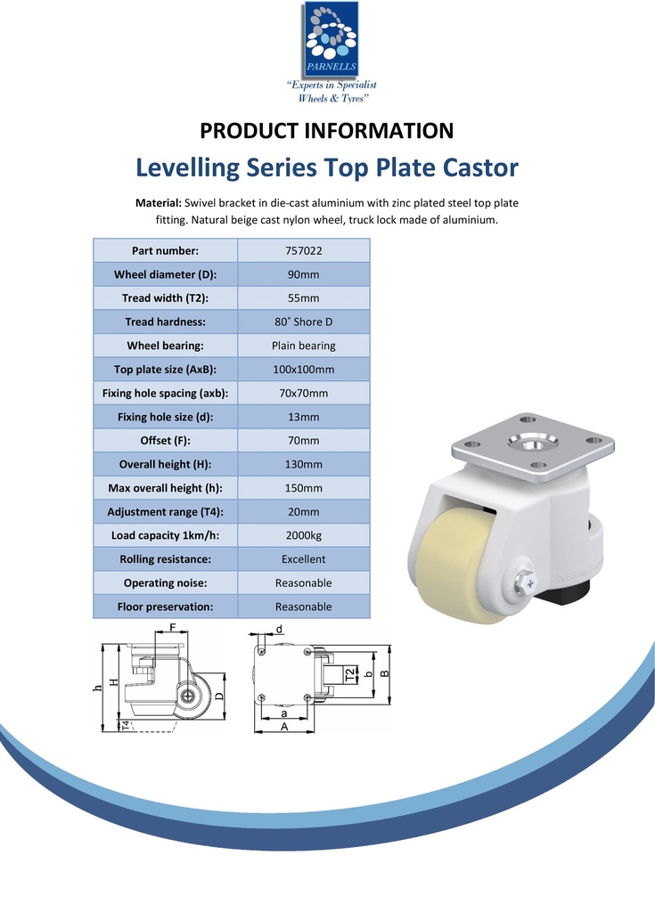 Levelling series HRSP-GSPO 90G 90mm swivel top plate 100x100mm castor with cast nylon plain bearing wheel 2000kg - Spec sheet