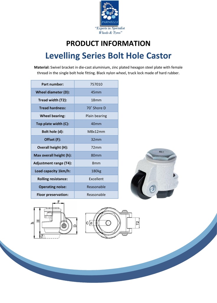 Levelling series HRIG-POA 45G 45mm swivel threaded bolt hole M8x12mm castor with nylon plain bearing wheel 180kg - Spec sheet