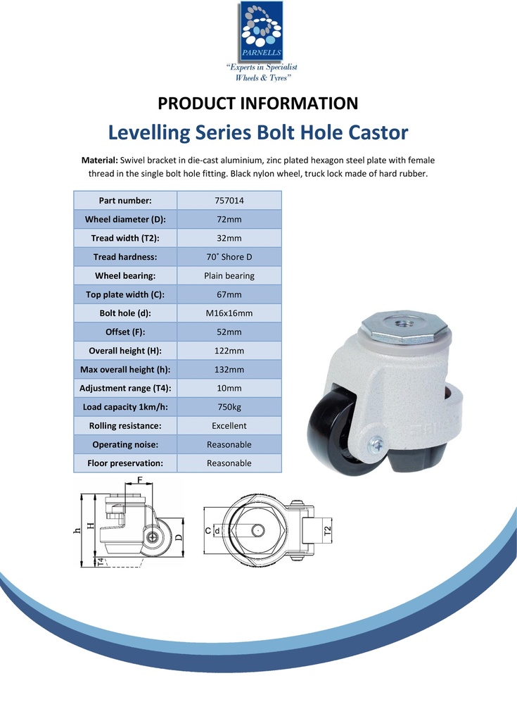 Levelling series HRIG-POA 72G 72mm swivel threaded bolt hole M16x16mm castor with nylon plain bearing wheel 750kg - Spec sheet