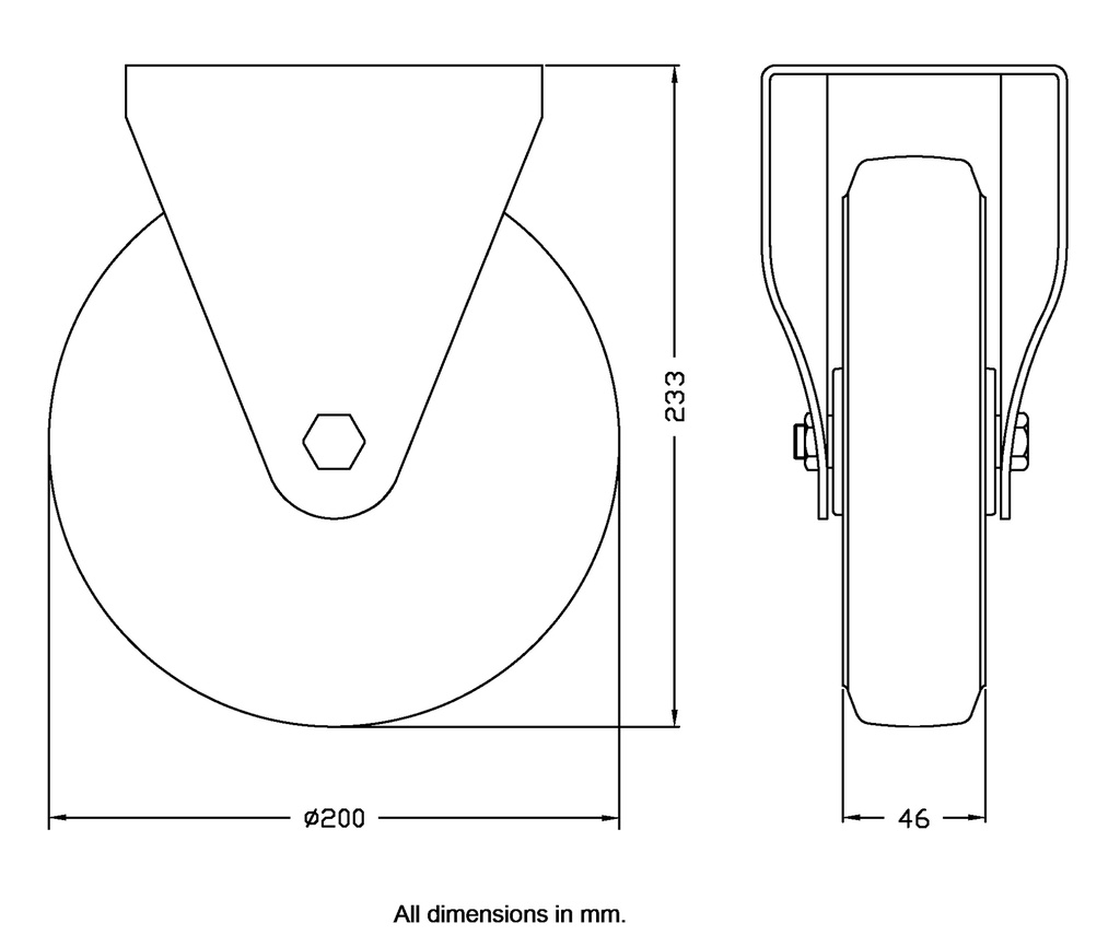 300 series 200mm fixed top plate 146x107mm castor with blue elastic rubber on nylon centre roller bearing wheel 350kg - Castor dimensions