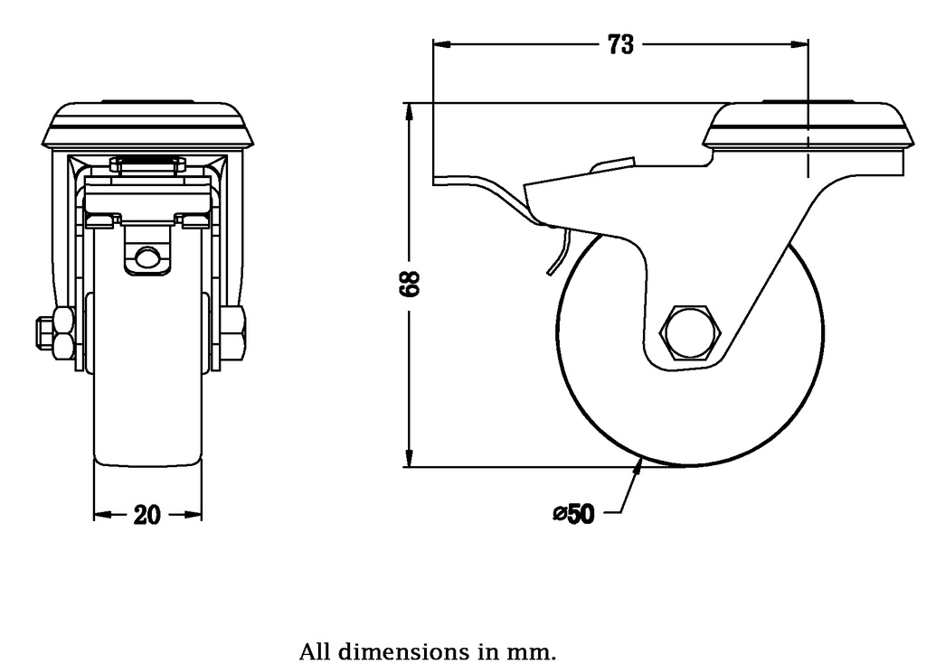 100 series 50mm swivel/brake bolt hole 10mm castor with electrically conductive grey TPR-rubber on polypropylene centre plain bearing wheel 30kg - Castor drawing