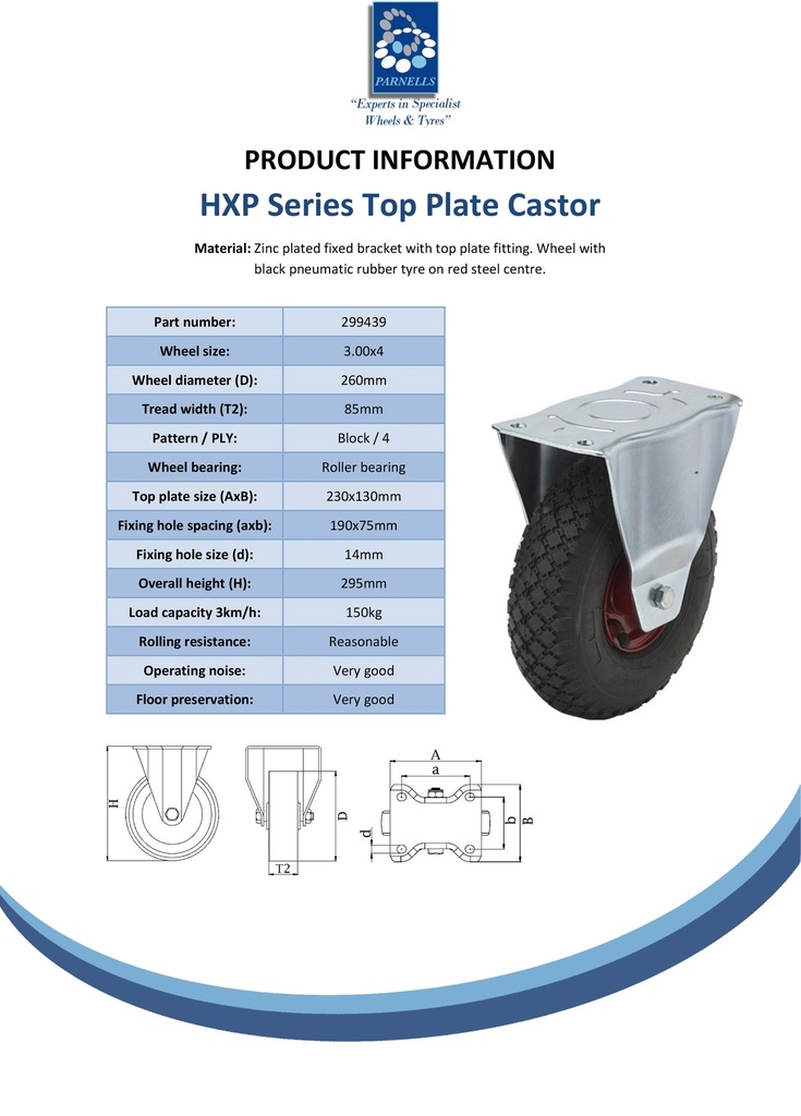 HXP series 3.00x4 fixed top plate 230x130mm castor with black pneumatic block patterned rubber tyre on red steel centre roller bearing wheel 150kg - Spec sheet