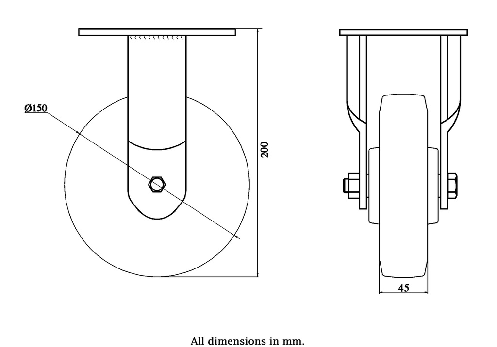 1500 series 150mm fixed top plate 135x110mm castor with  polyurethane on nylon centre ball bearing wheel 600kg - Castor drawing