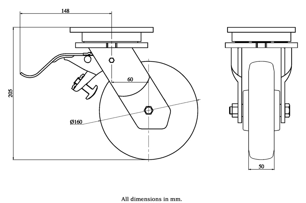 1500 series 160mm swivel/brake top plate 135x110mm castor with green convex elastic polyurethane on cast iron centre ball bearing wheel 550kg - Castor drawing