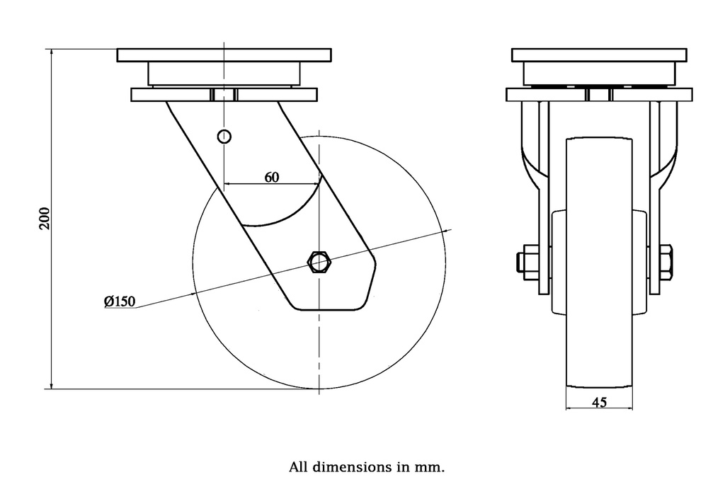 1500 series 150mm swivel top plate 135x110mm castor with cast iron roller bearing wheel 1000kg - Castor drawing