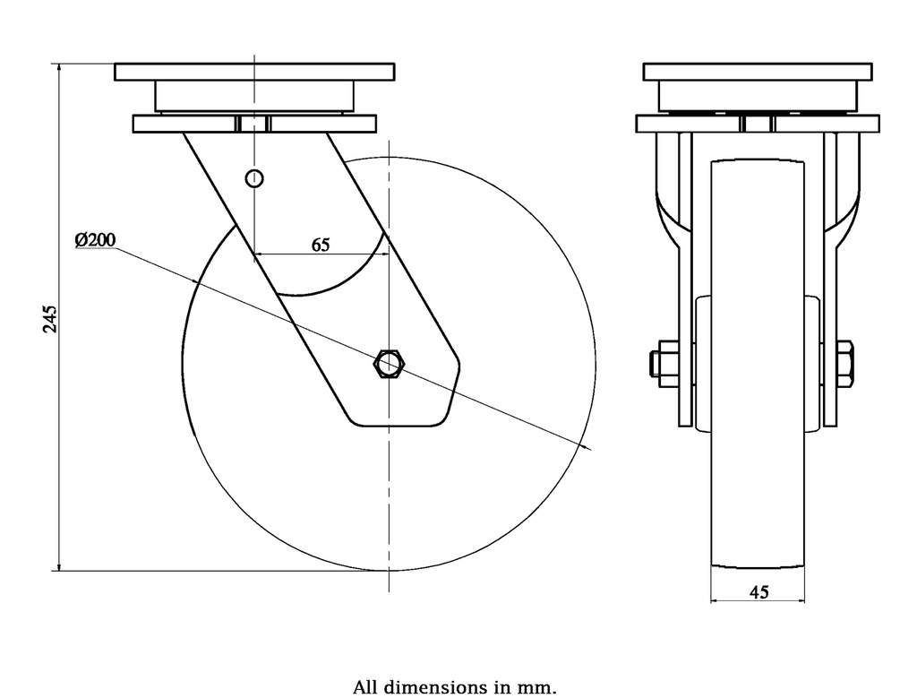 1500 series 200mm swivel top plate 135x110mm castor with cast iron roller bearing wheel 1150kg - Castor drawing