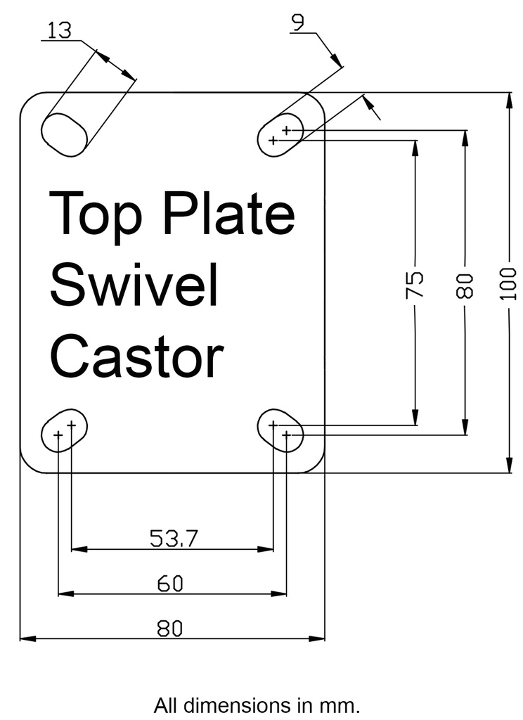 300 series 75mm swivel top plate 100x80mm - Plate drawing