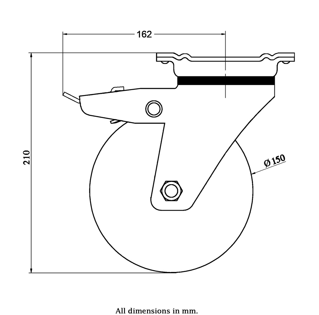 800 series 150mm swivel/brake top plate 135x110mm castor with polyurethane on cast iron centre ball bearing wheel 800kg - Castor drawing