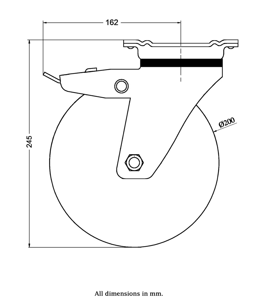 800 series 200mm swivel/brake top plate 135x110mm castor with nylon ball bearing wheel 800kg - Castor drawing